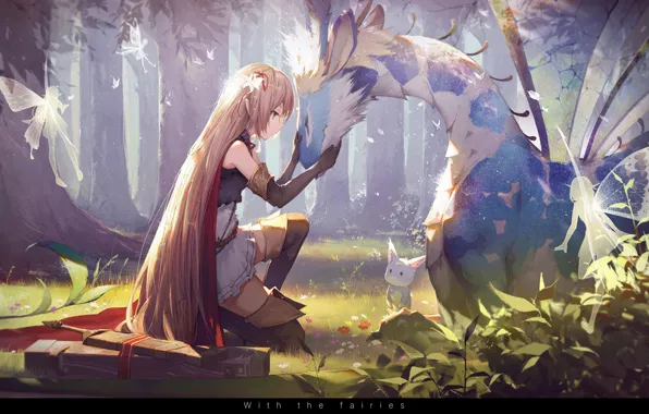 Picture forest, animals, girl, trees, nature, weapons, magic, wings, anime, warrior, art, fairies, arisa, kieed, shadowverse