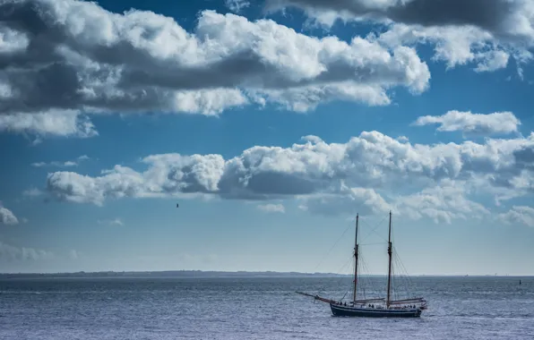 Picture sea, clouds, sailboat