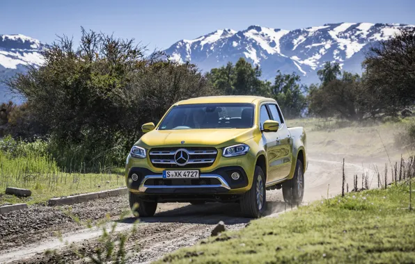 Picture road, mountains, yellow, Mercedes-Benz, pickup, shrub, 2017, X-Class