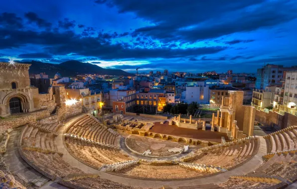 Picture clouds, night, lights, home, ruins, Spain, Cartagena, Roman theatre