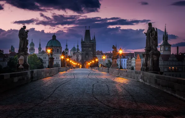 Picture clouds, bridge, lights, Prague, Czech Republic