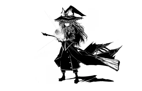 Picture spell, broom, art, witch, shaggy, Touhou Project, Marisa Kirisame, black magic, Acryl, witch hat