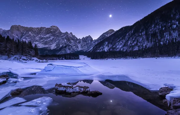 Picture winter, the sky, stars, snow, mountains, night, lake, the moon, ice, forest