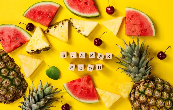 Picture summer, cherry, watermelon, pineapple, yellow background