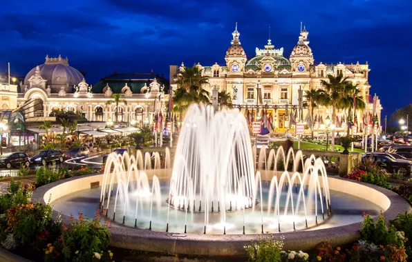 Picture night, lights, fountain, Palace, Monaco, Monte Carlo, Casino
