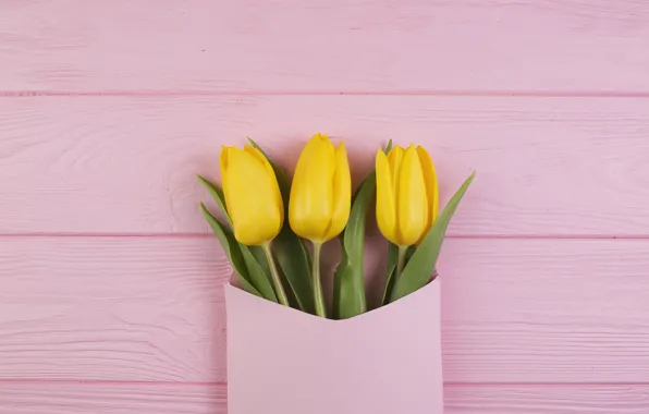 Picture flowers, bouquet, yellow, tulips, fresh, yellow, wood, pink, flowers, the envelope, tulips, spring, tender