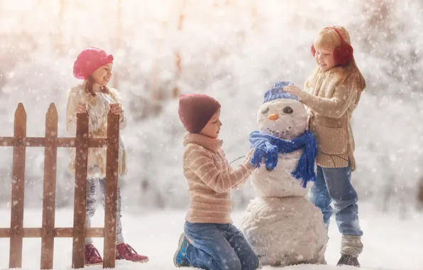 Picture winter, snow, children, the game, snowman