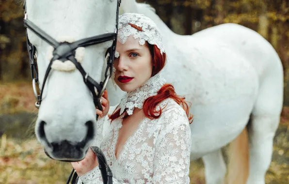 Picture look, girl, mood, horse, red, redhead, white horse
