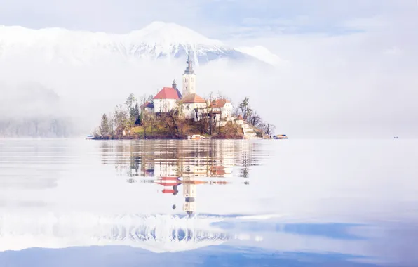 Picture snow, mountains, lake, island, home, Church, Slovenia, Bled