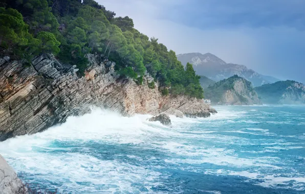 Picture sea, mountains, rocks, coast, surf, Montenegro