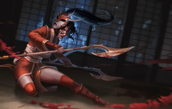 Picture mask, axes, the fight, Akali, League of Legends, League Of Legends, blood spatter, a pool …