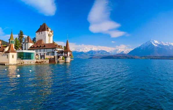 Picture mountains, lake, castle, Switzerland, Alps, Switzerland, Alps, Lake Thun, Oberhofen Castle, Lake Thun, Oberhofen Castle, …