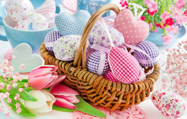 Picture flowers, basket, spring, Easter, hearts, tulips, happy, heart, flowers, tulips, spring, Easter, eggs, delicate, decoration, …