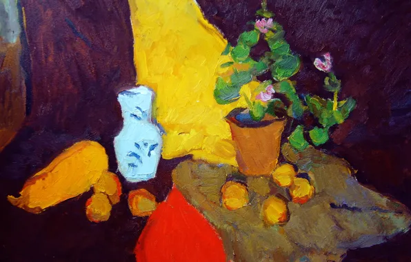 Picture 2006, vase, still life, purple flowers, The petyaev, yellow zucchini
