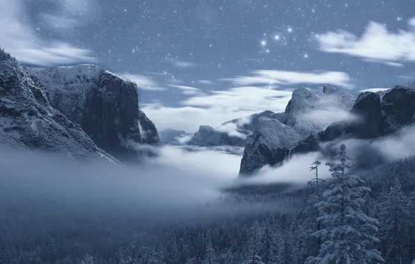 Picture winter, forest, mountains, CA, California, Yosemite Valley, Yosemite National Park, Sierra Nevada, starry sky, Sierra …