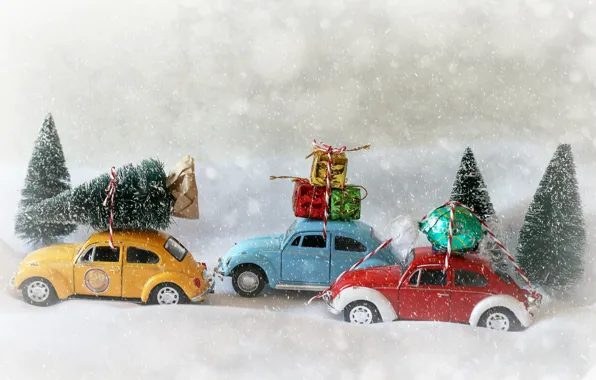 Picture snow, toys, Christmas, gifts, New year, candy, cars, models, Christmas trees