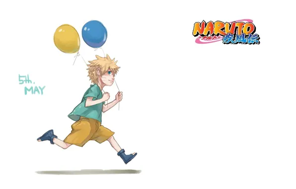 Picture balloons, shorts, boy, white background, Naruto, runs, Naruto Uzumaki