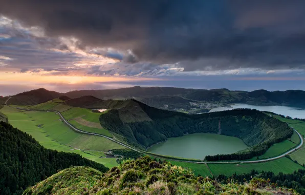 Picture the sky, Islands, clouds, mountains, lake, the evening, the volcano, valley, Portugal, Azores, Archipelago, the …