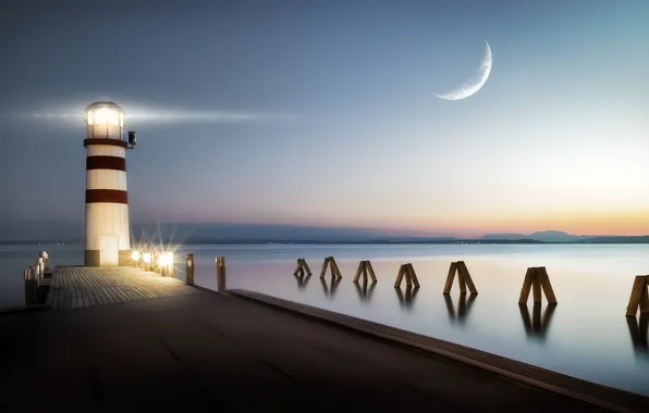 Picture light, moon, twilight, sky, sea, landscape, sunset, water, evening, pier, Lighthouse, sky clear