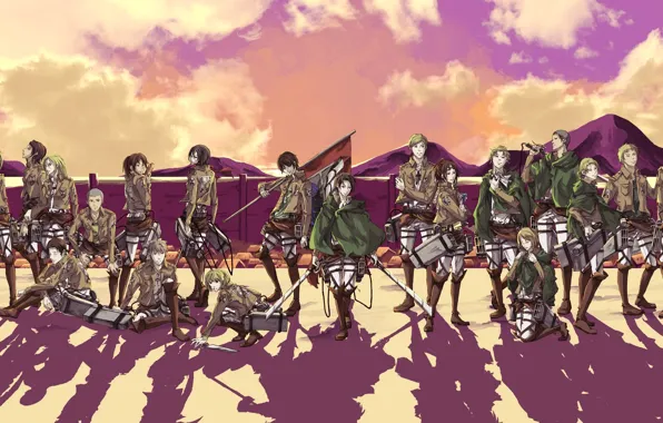 Picture the sky, wall, shadow, boots, emblem, swords, military uniform, banner, pink clouds, Mikasa Ackerman, The …