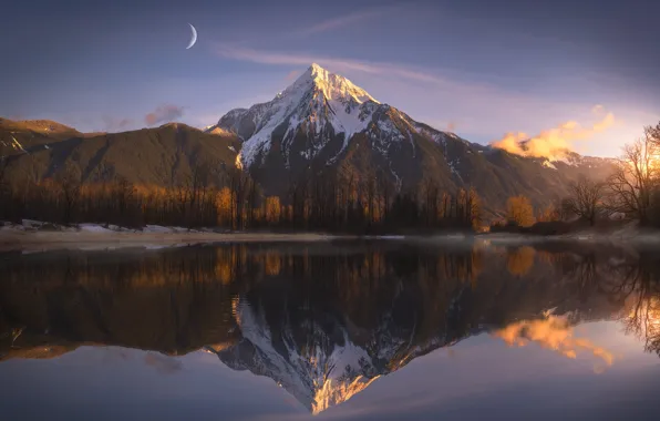 Picture light, mountains, lake, reflection, the moon, mountain, cloud