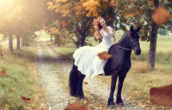 Picture road, autumn, leaves, girl, trees, mood, horse, horse, dress