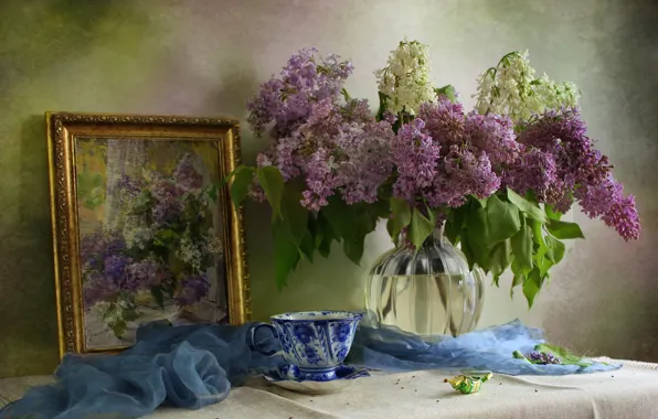 Picture branches, picture, scarf, Cup, vase, still life, lilac