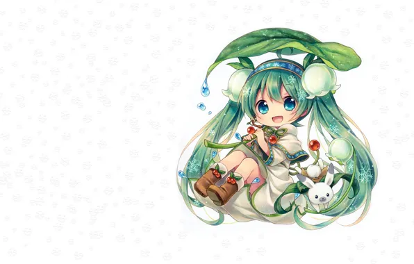 Picture girl, flowers, snowflakes, spring, anime, art, Chibi, Bunny, Vocaloid, Lily of the valley, Miku, Spring …
