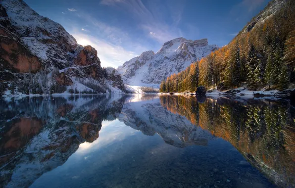 Picture winter, autumn, the sky, snow, reflection, lake, mountain