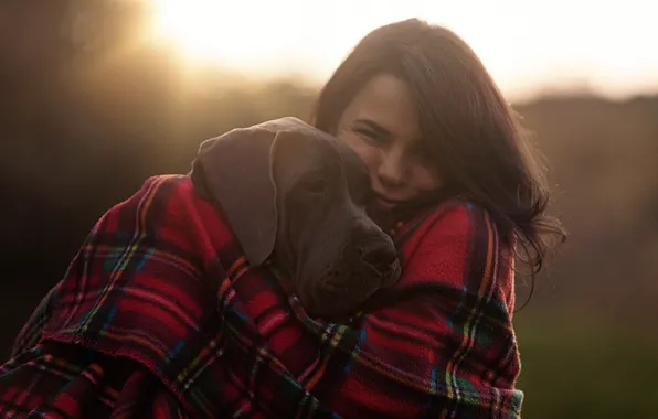 Picture girl, mood, plaid, friends, Great Dane