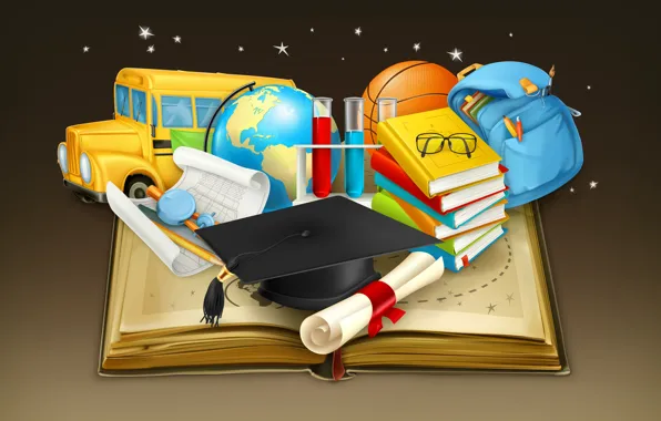 Picture paper, background, the ball, books, vector, stars, pencils, glasses, bus, school, backpack, globe, cap, the …