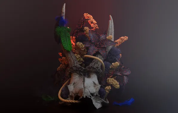Picture skull, art, horns, Reborn, composition, Rafael Merino