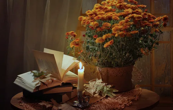Picture leaves, flowers, table, fire, books, candle, vase, still life, orange, chrysanthemum, tablecloth, candle holder