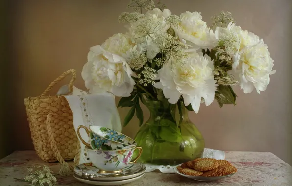 Picture flowers, blanket, cookies, the tea party, Cup, vase, still life, basket, table, napkin, saucers