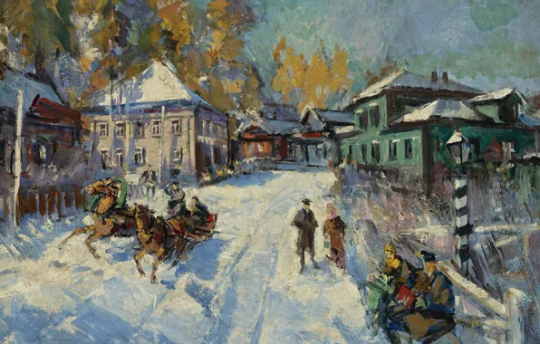 Picture snow, landscape, house, street, picture, sleigh, Konstantin Korovin, Russian Winter