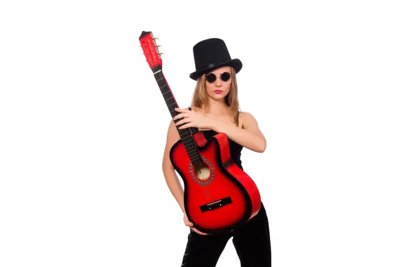 Picture girl, pose, guitar, hat, makeup, glasses, hairstyle, white background, red, in black