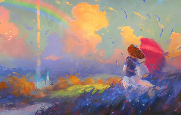Picture field, the sky, girl, clouds, the wind, rainbow, hat, umbrella, art, girl