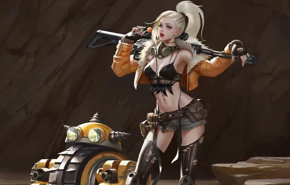 Picture look, girl, pose, weapons, art, blonde, tail, sci-fi