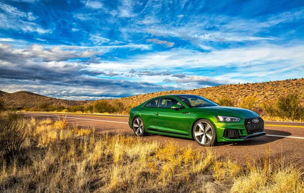 Picture road, the sky, grass, Audi, Audi, coupe, green, Coupe, RS 5