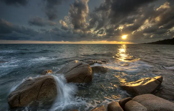 Picture sand, sea, wave, beach, summer, the sky, sunset, stones, rocks, shore, summer, beach, sky, sea, …