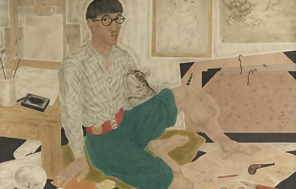 Picture cat, paper, silk, watercolor, pictures, 1932, Tsuguharu, Fujita, Self portrait in the Studio, Japanese artist, …