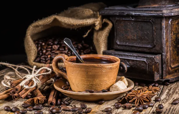 Picture coffee, grain, Cup, hot, cinnamon, cup, beans, coffee, spices