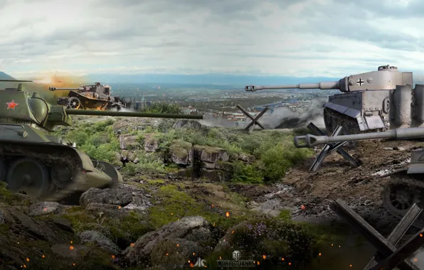 Picture battle, panorama, the battle, tanks, T-34, World of Tanks, German, Soviet, Tiger I, WOT