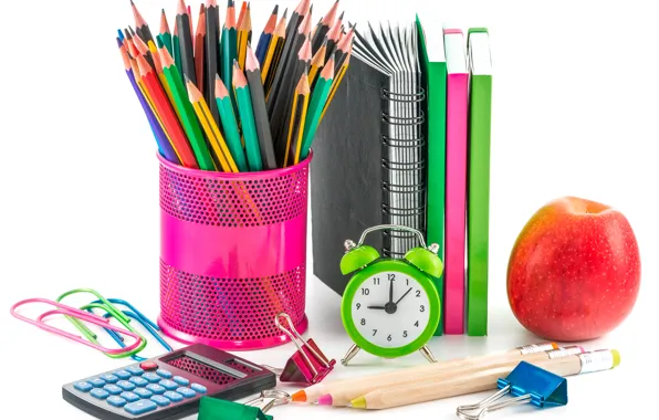 Picture watch, Apple, pencils, alarm clock, white background, notebook, clip, the office, calculator