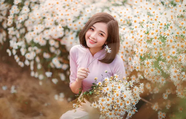 Picture girl, flowers, smile, chamomile, Asian