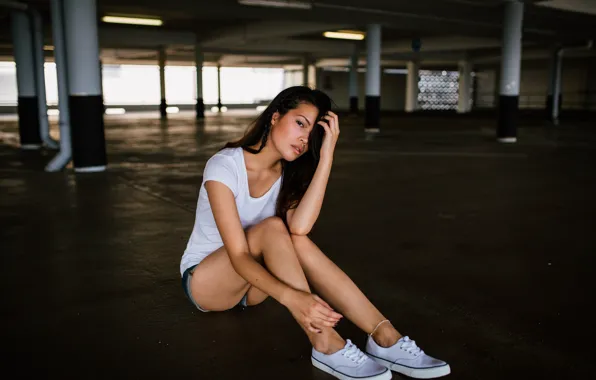 Picture girl, pose, shorts, sneakers, brunette, sitting