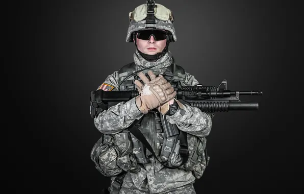 Picture pose, weapons, glasses, soldiers, machine, gloves, helmet, camouflage, black background, equipment, uniform, American