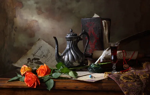 Picture style, art, Still life with teapot and roses, Still life with tea and roses