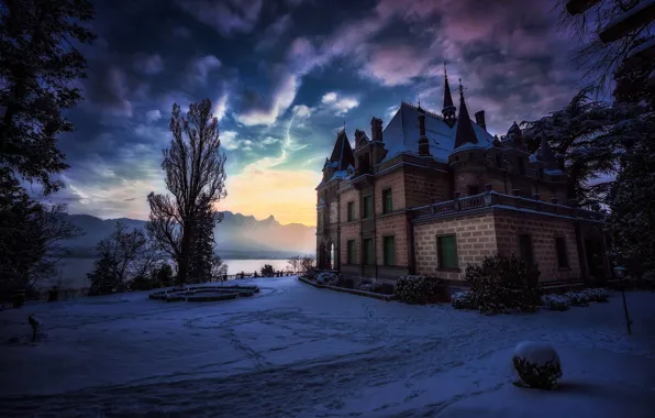 Picture winter, mountains, castle, Switzerland, Switzerland, Hunegg Castle Hilterfingen