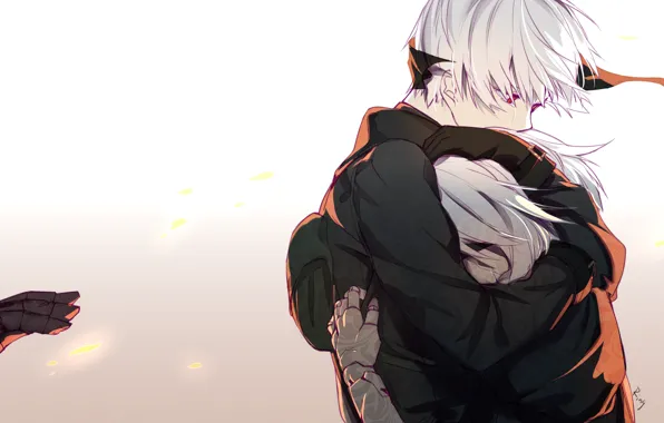 Picture hand, hugs, red eyes, black suit, a pair of lovers, yorha unit no. 2 type …